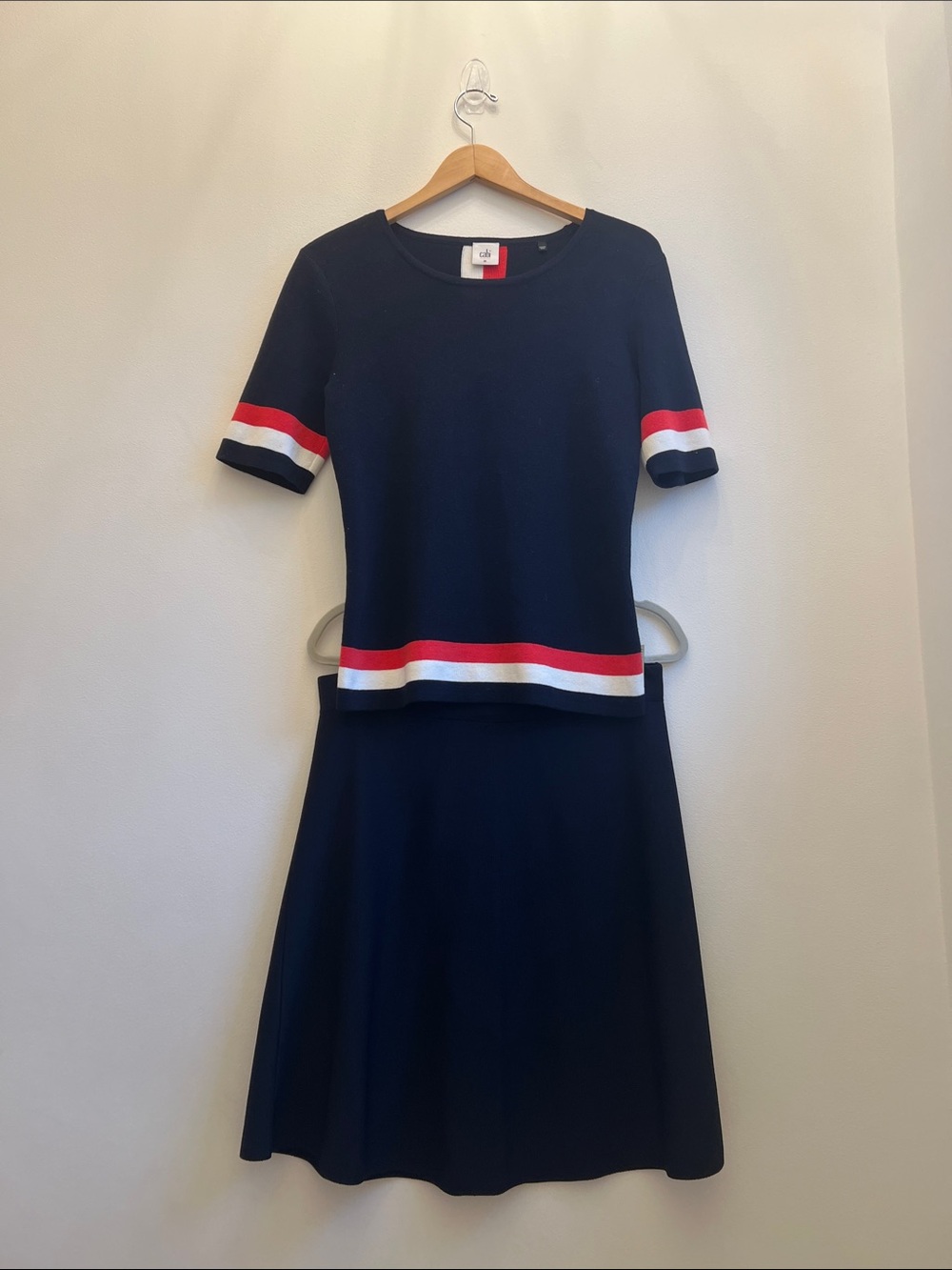 CAbi Navy Knit Top and Skirt Set with Red and White Trim